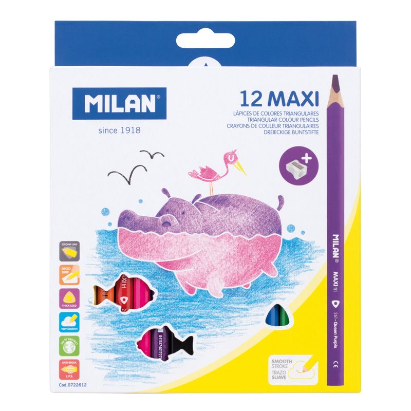 Milan MAXI Triangular Colour Pencils + Sharpener [Box of 12]