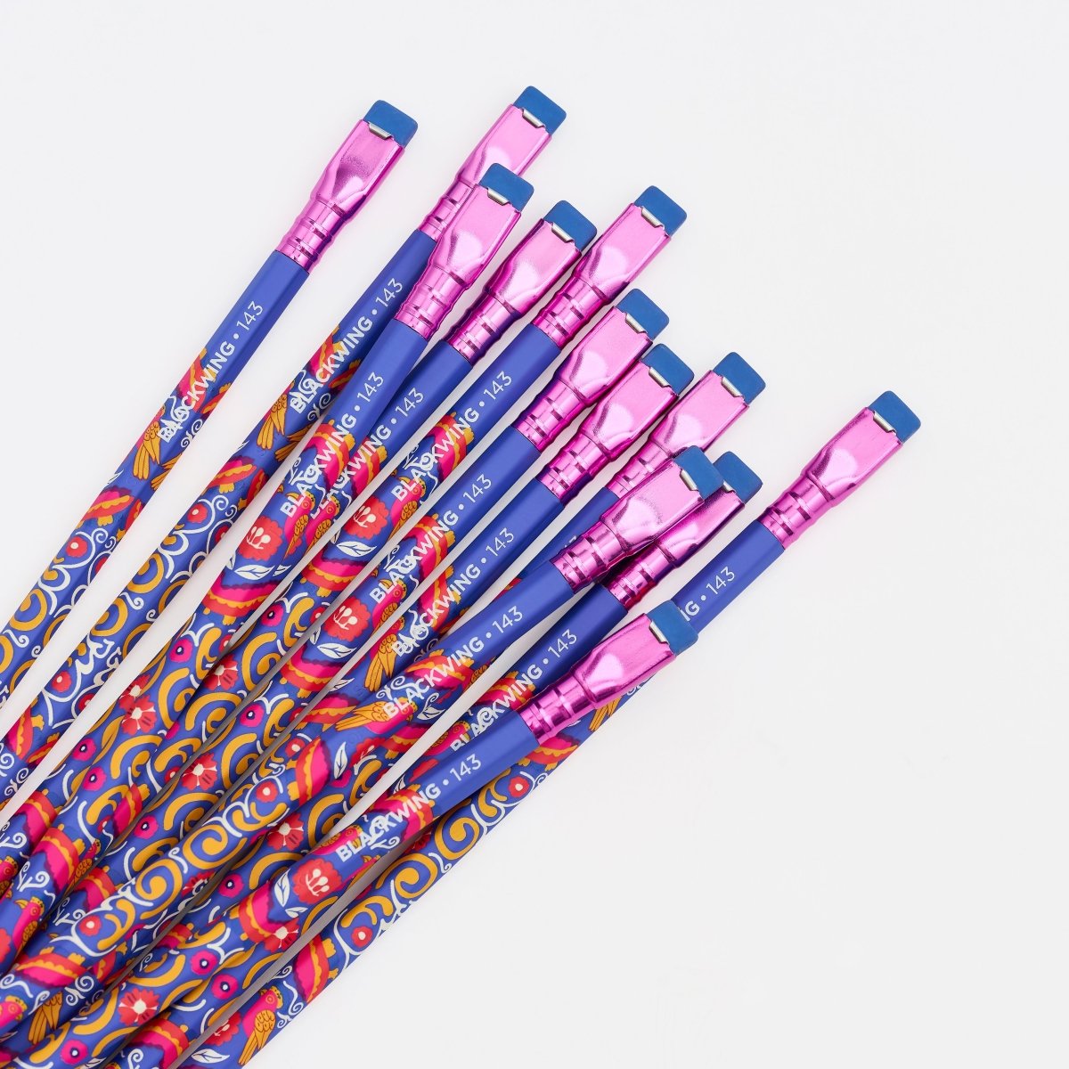 Blackwing Volume 143 pencils showing the floral barrel design