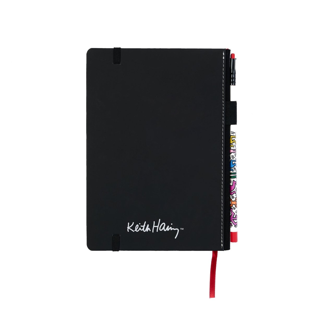 Back cover of the notebook in solid black with white Keith Haring and Blackwing branding and red ribbon marker.