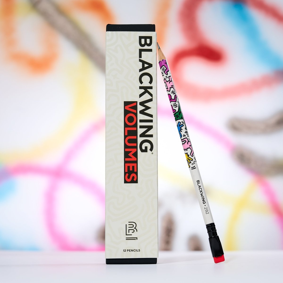 Close-up of the box showing “Blackwing Volume 292” text with blurred Keith Haring backdrop.