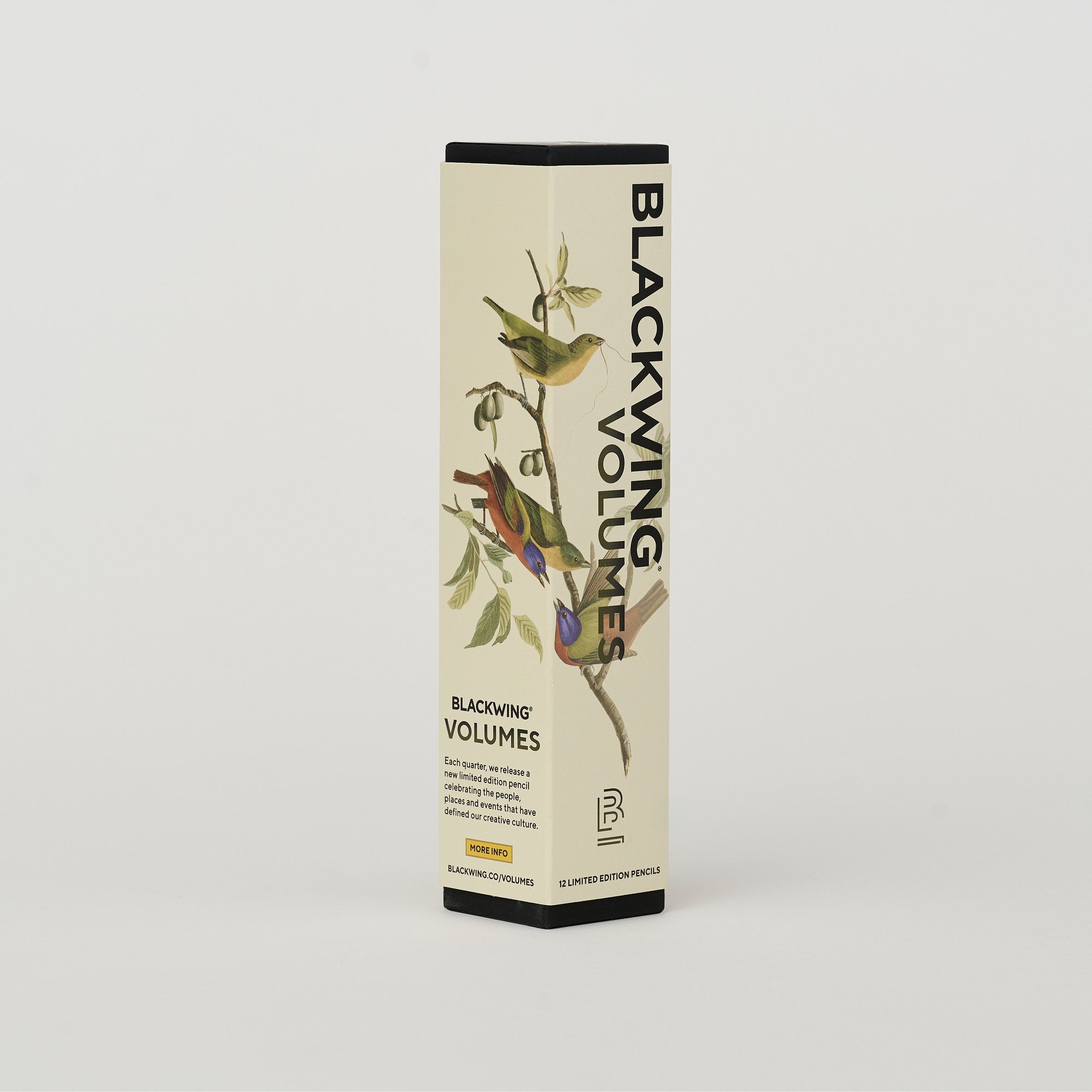 Blackwing Volume 458 pencils set of 12 box with vintage bird illustrations on a cream cover.