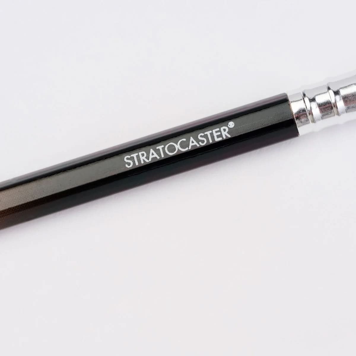 Close-up of the word "STRATOCASTER®" printed on the side of the Blackwing x Fender pencil.