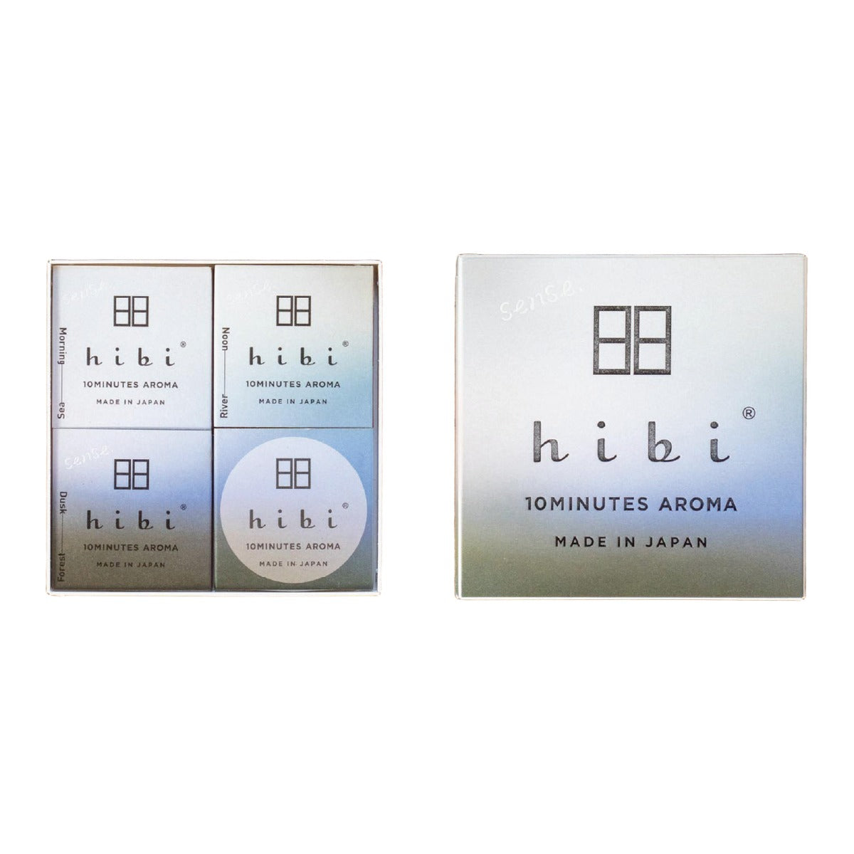 hibi sense. gift box open beside its lid, with Sea, River and Forest boxes and mat