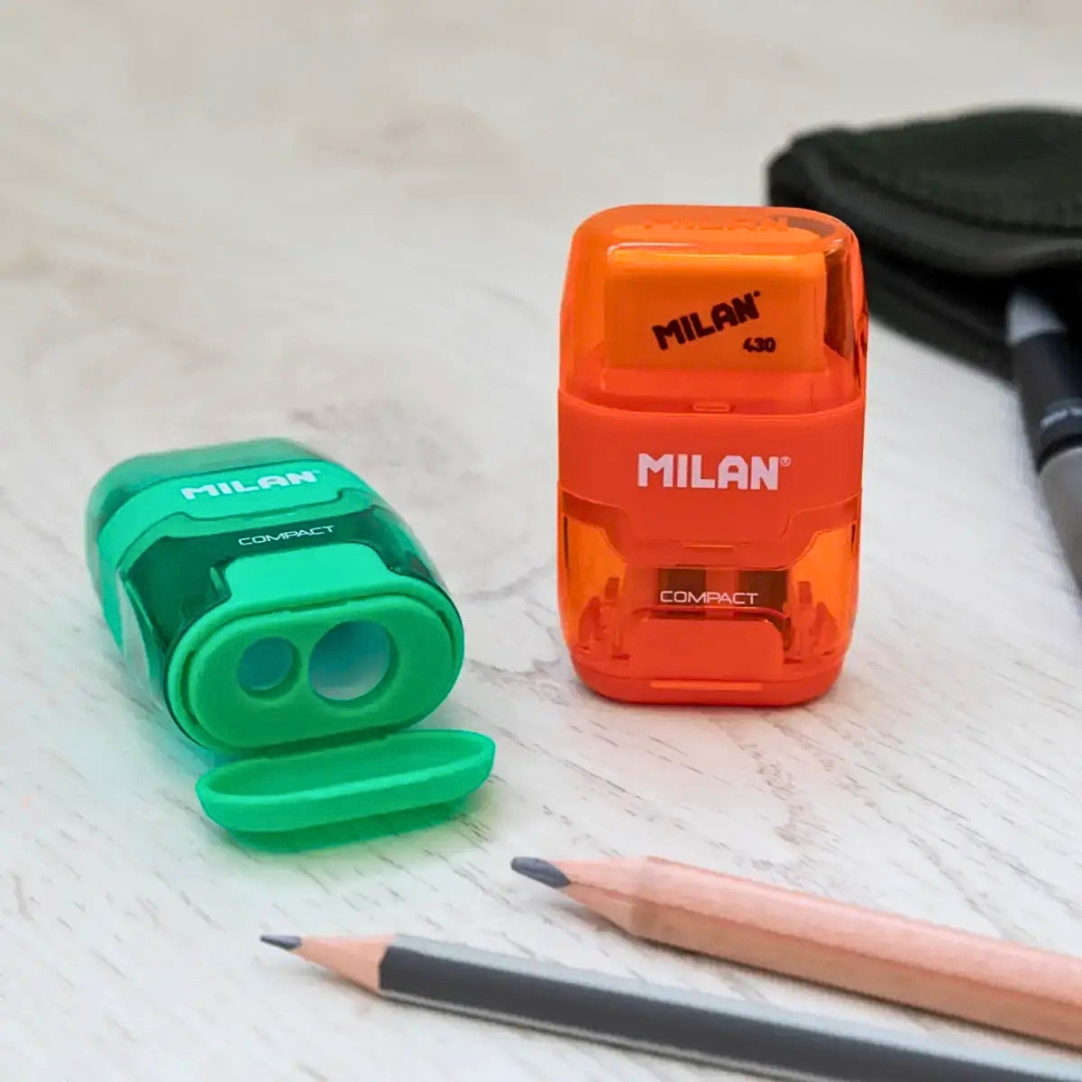 Milan Compact Pencil Sharpener + 2 Erasers Set