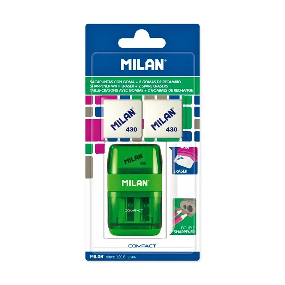 Milan Compact Pencil Sharpener + 2 Erasers Set