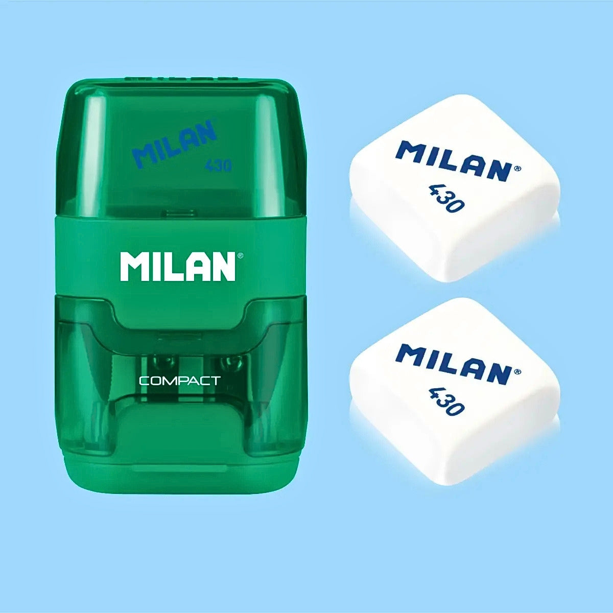 Milan Compact Pencil Sharpener + 2 Erasers Set