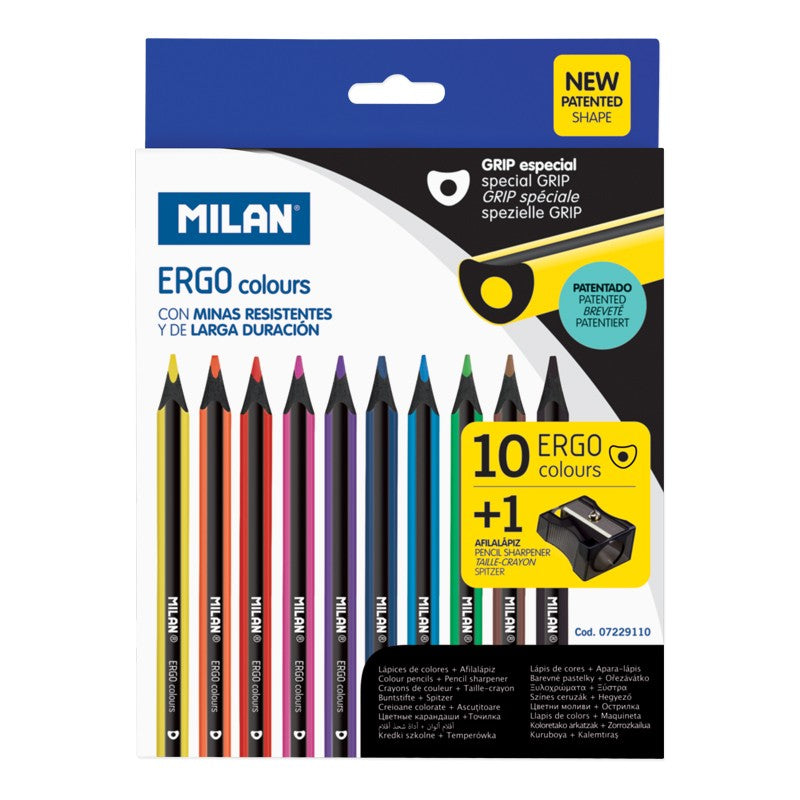 Milan 10 ERGO Black Wood Coloured Pencils + Sharpener