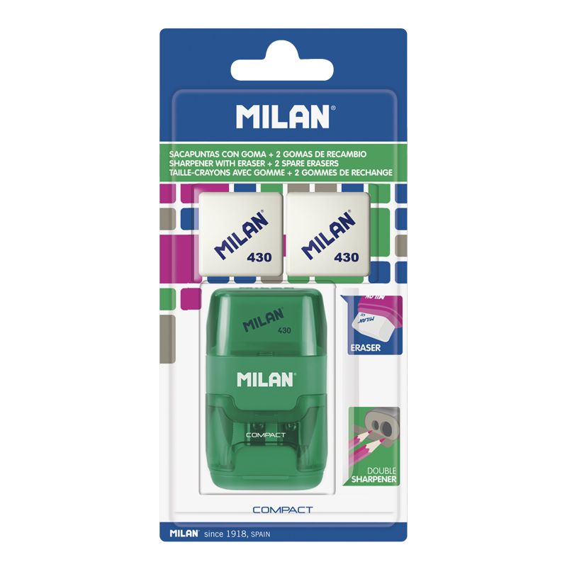 MILAN COMPACT Sharpener + 2 x Erasers [assorted colours]