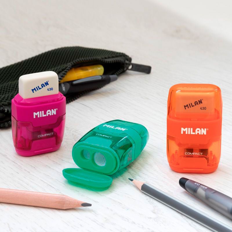 MILAN COMPACT Sharpener + 2 x Erasers [assorted colours]