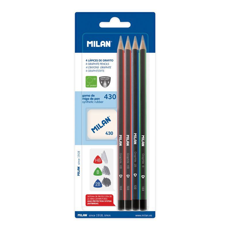 Milan Graphite Pencil Set with 430 Eraser – HB, B & 2B Leads