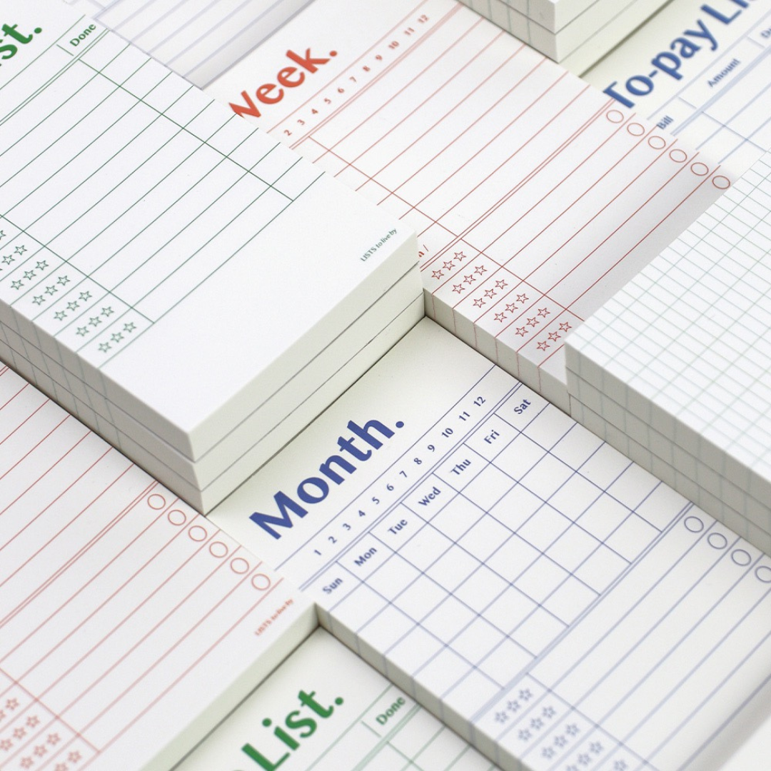 Paperian 'Lists to Live By' Memo Pad range, showcasing different styles like To Do, To Buy, Grid, and Lined for organised planning.
