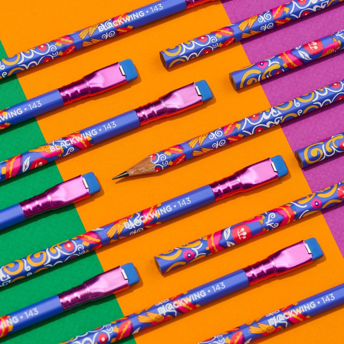 Blackwing Volume 143 pencils on a colour-block background