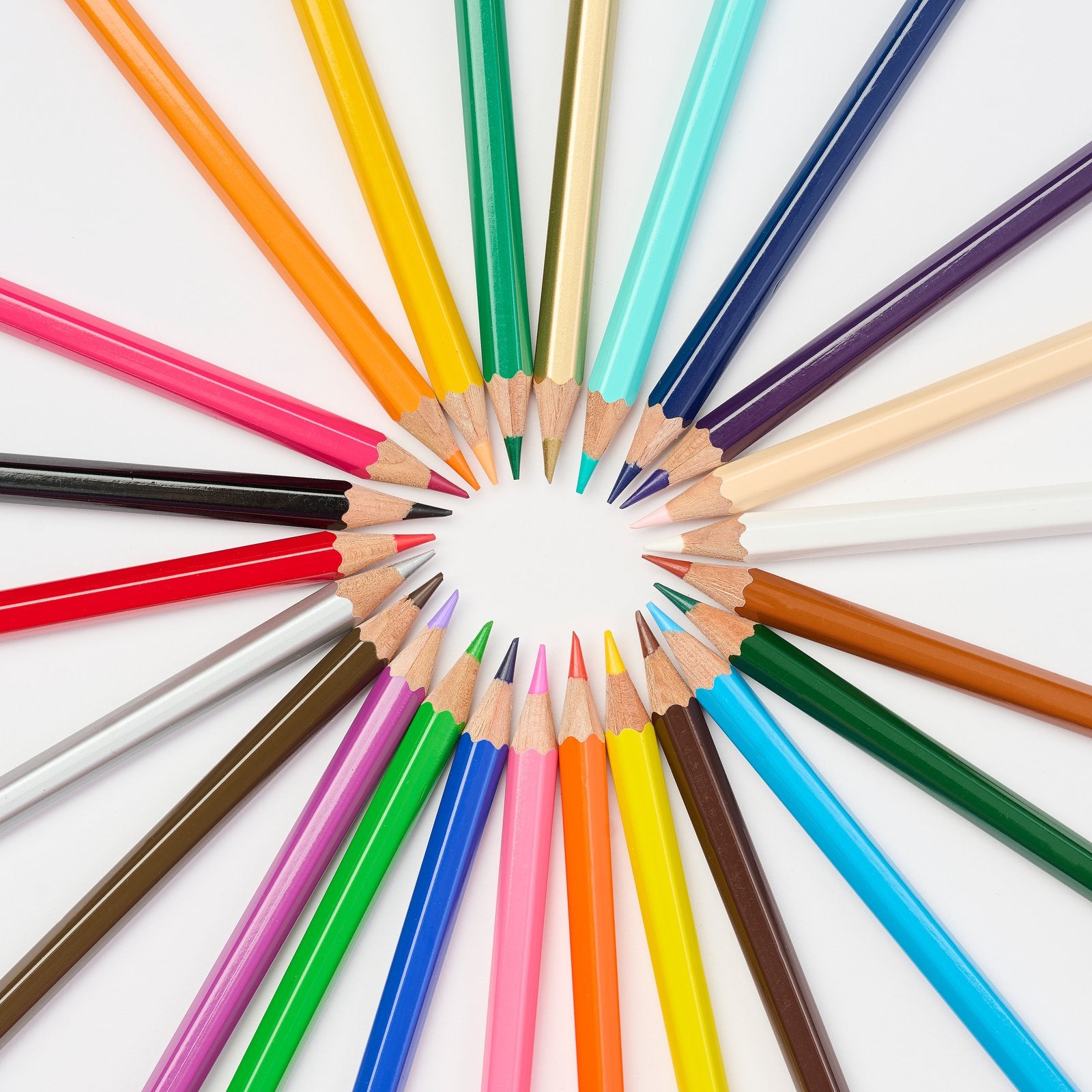 Twenty-four Blackwing Colors pencils fanned into a radial starburst showing the full colour range.