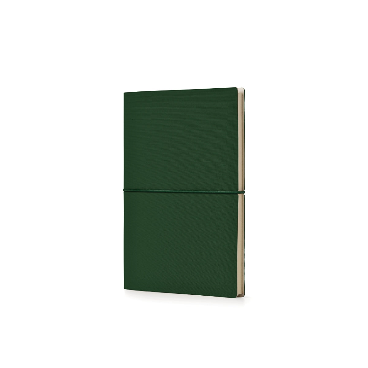 Ciak CANVAS lined paper notebook 15x21cm in forest green shown open with flexible cover design.