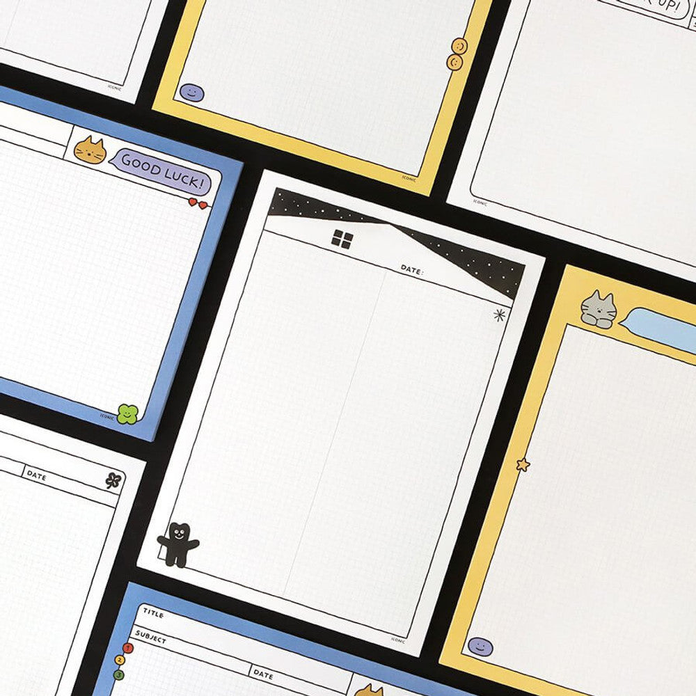 Iconic B5 Doodle Grid Notepad pages with grid layout shown in multiple colours including blue and white.