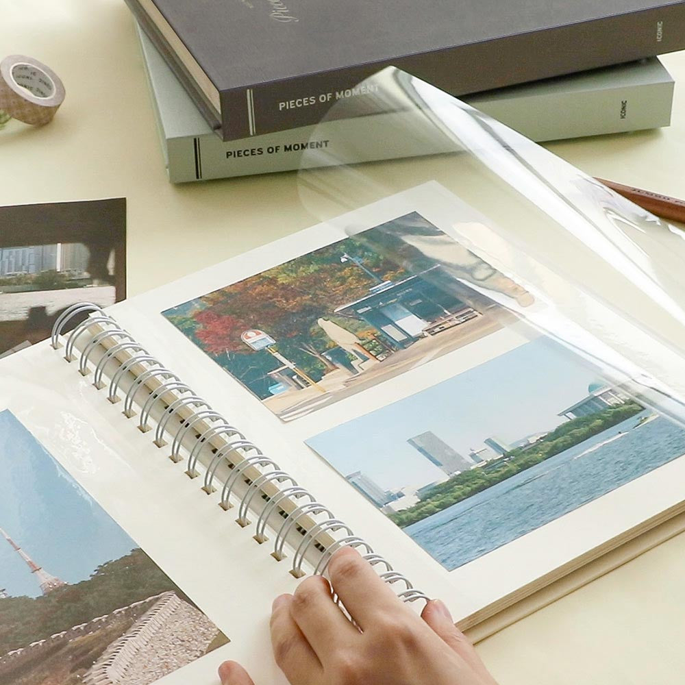 Iconic Collect Self-Adhesive Photo Album page being filled with photographs using transparent film cover.