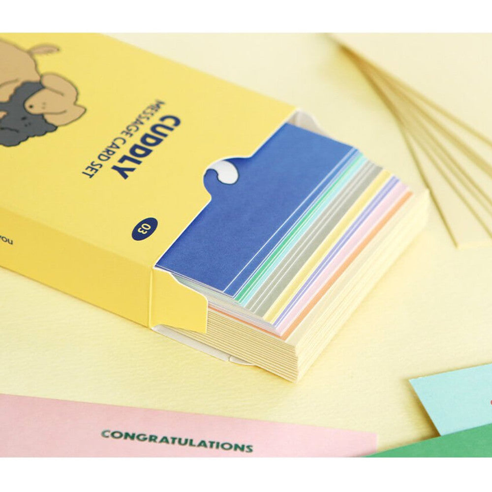 Open Iconic Cuddly Message Card Set box showing colourful cards and matching envelopes neatly arranged.