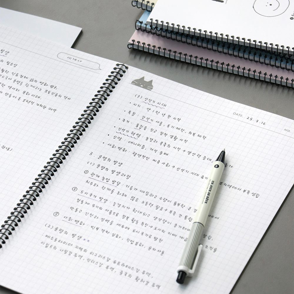 Iconic Doodle B5 Grid Notebook open flat on desk showing grid pages and handwriting.