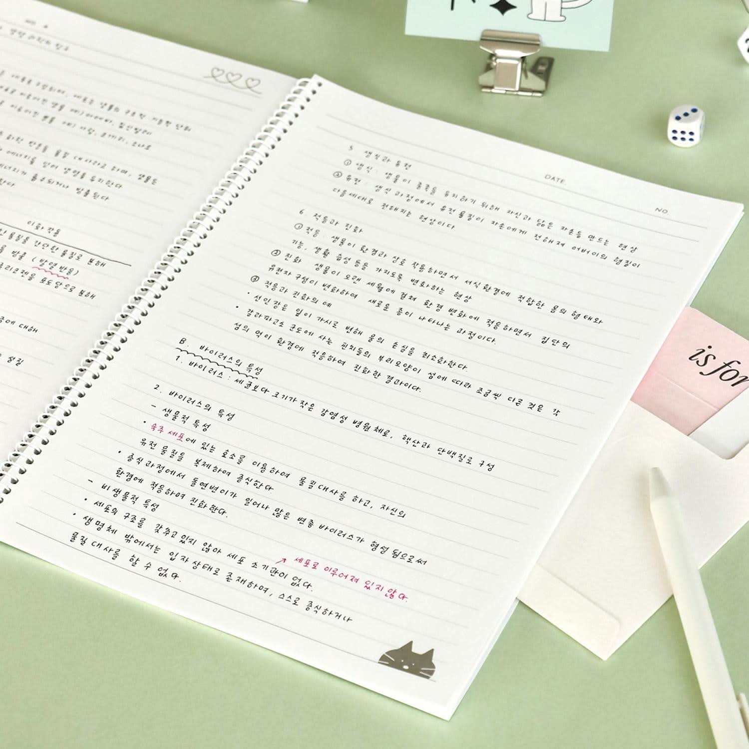 Iconic Doodle B5 Spiral Notebook open on desk with pen and paper clips beside it.