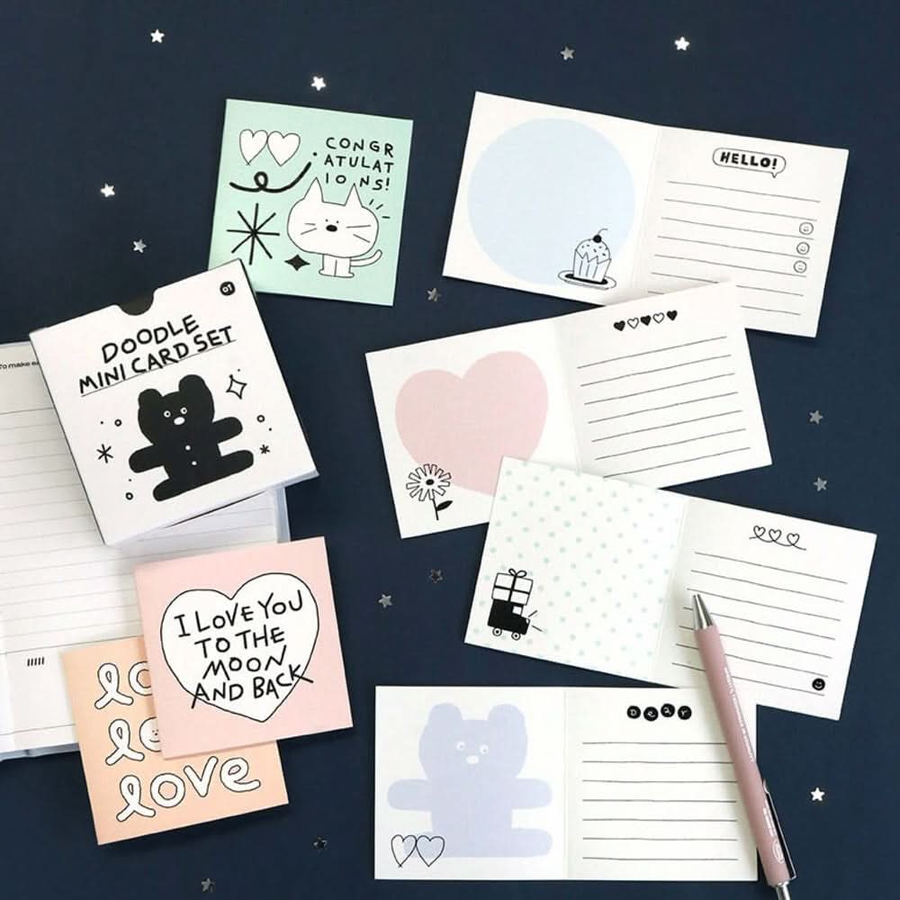 Iconic Doodle Mini Card Set – 24 Cute Mini Note Cards
