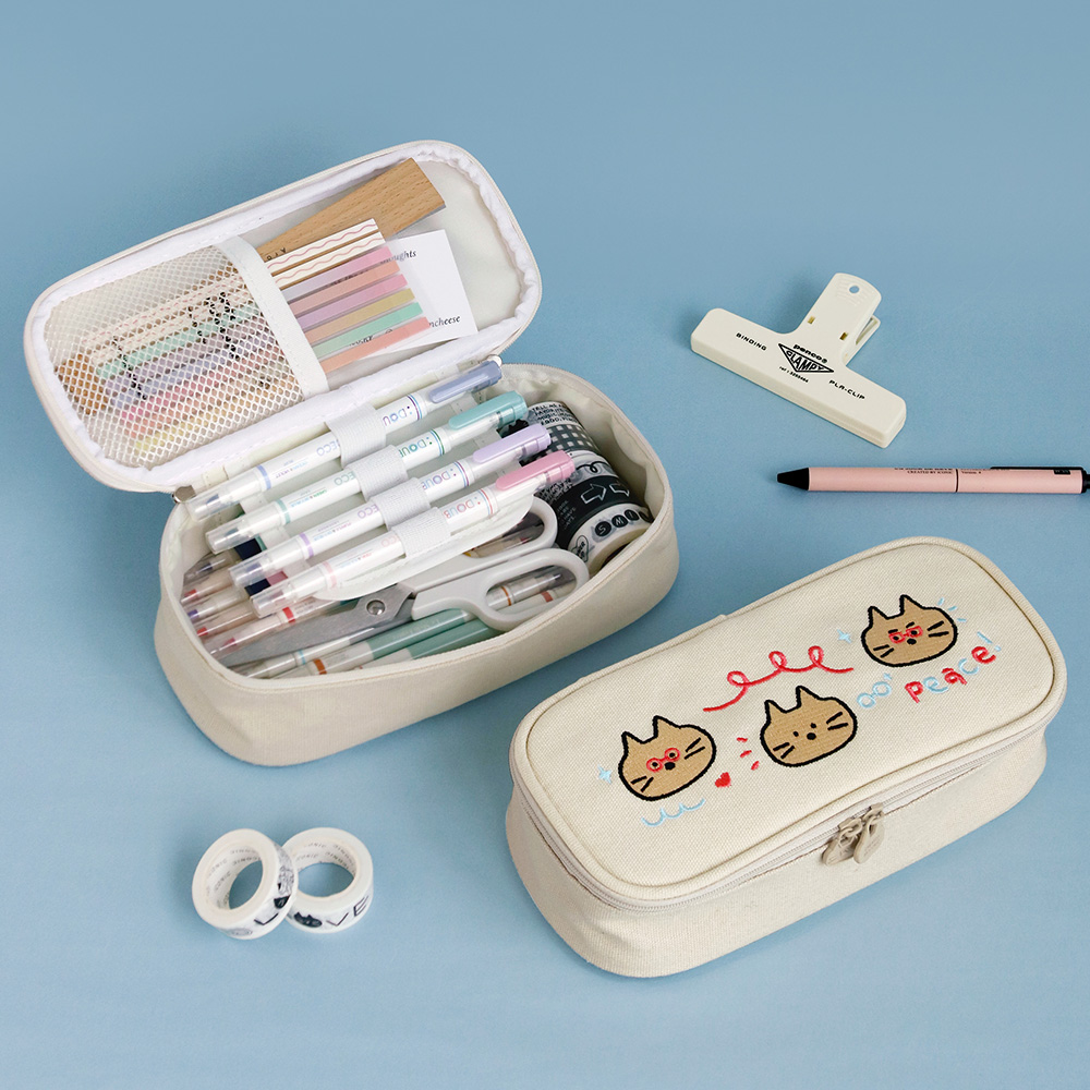 Iconic Doodle Printed Large Capacity Pen Case open showing stationery storage with pens, clips, and sticky notes.