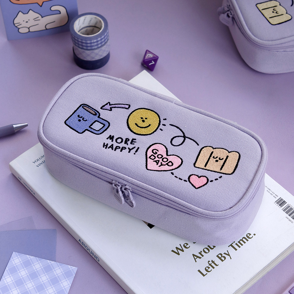 Iconic Doodle Printed Large Capacity Pen Case lavender with stationery accessories in pastel purple background.