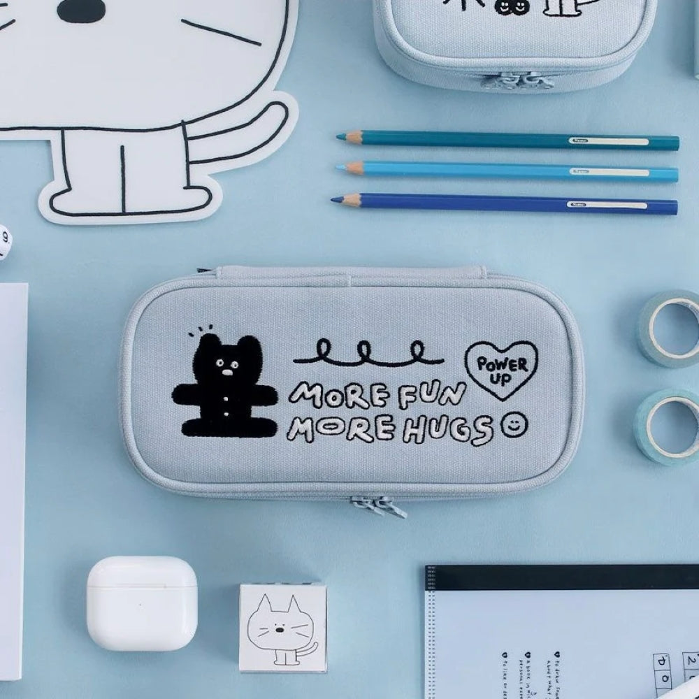 Iconic Doodle Printed Large Capacity Pen Case sky blue with pencils, tapes and air pod in pastel blue background.