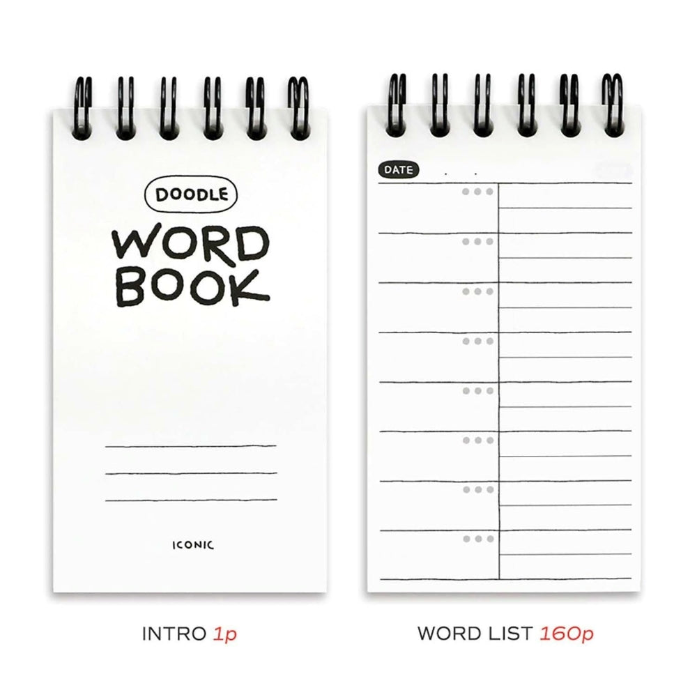 An open Iconic Doodle Word Compact Size Notebook showing neatly ruled pages with spaces for words and meanings, designed for vocabulary practice.