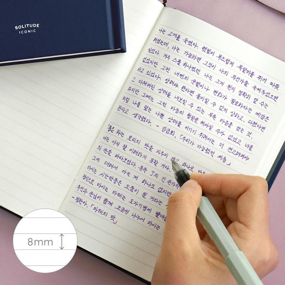 Iconic Solitude Tomoe River Line Notebook being written in, showing smooth fountain pen ink on fine paper.