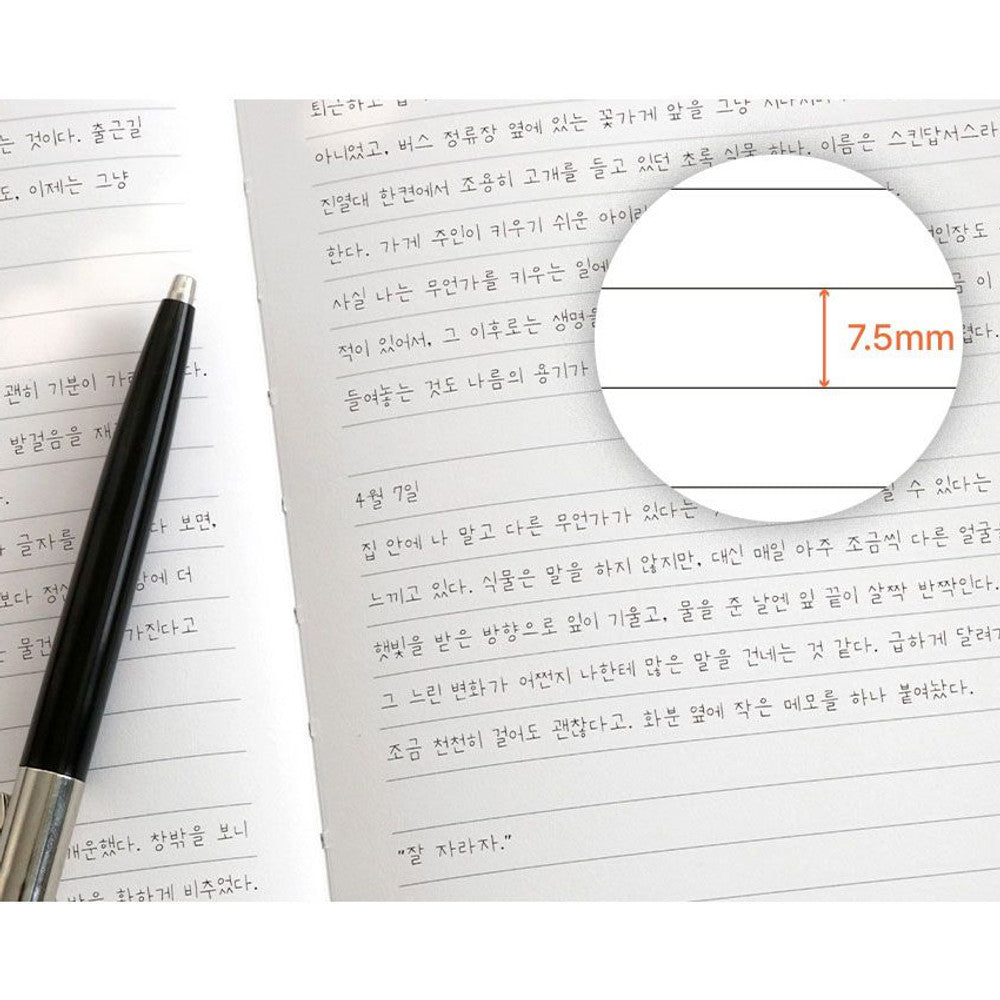 Iconic Souvenir B6 Lined Band Notebook hardcover journal open with pen and magnified detail of ruling.