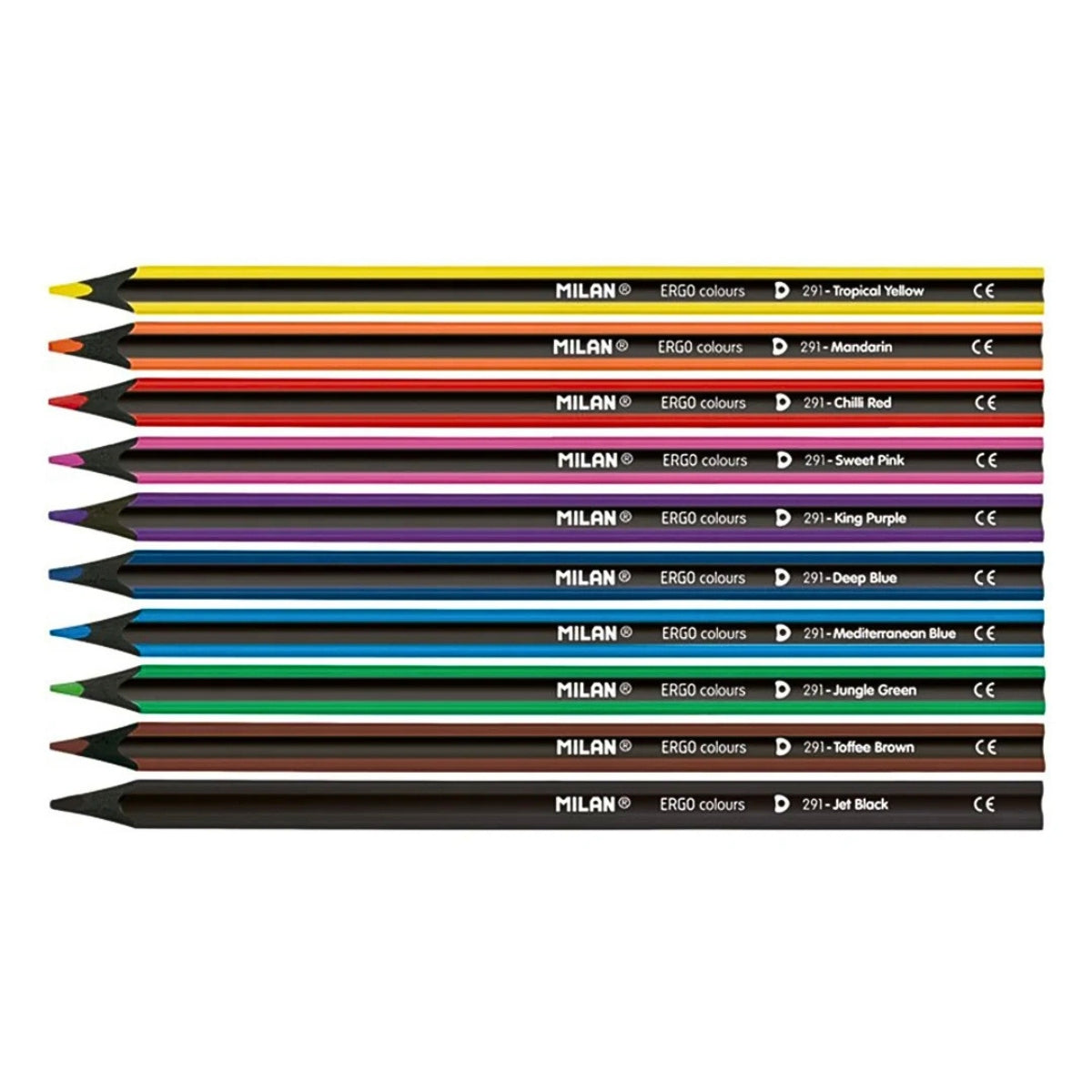 Milan 10 ERGO Black Wood Coloured Pencils With Sharpener Set
