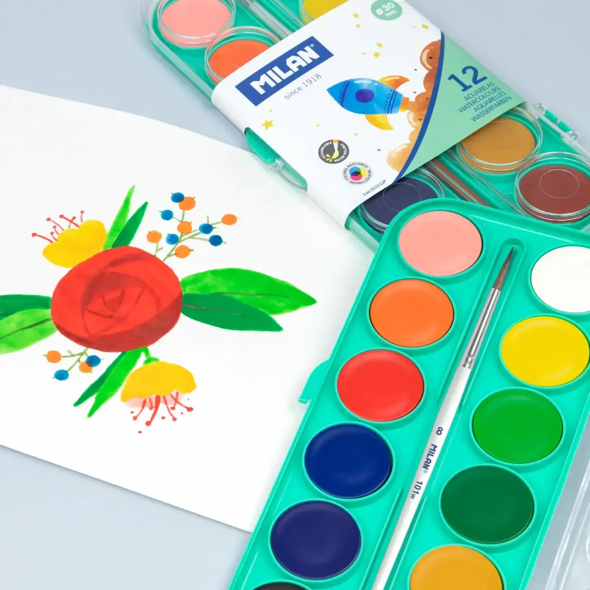 Milan 12 Opaque Colours Watercolour Tablets With Brush