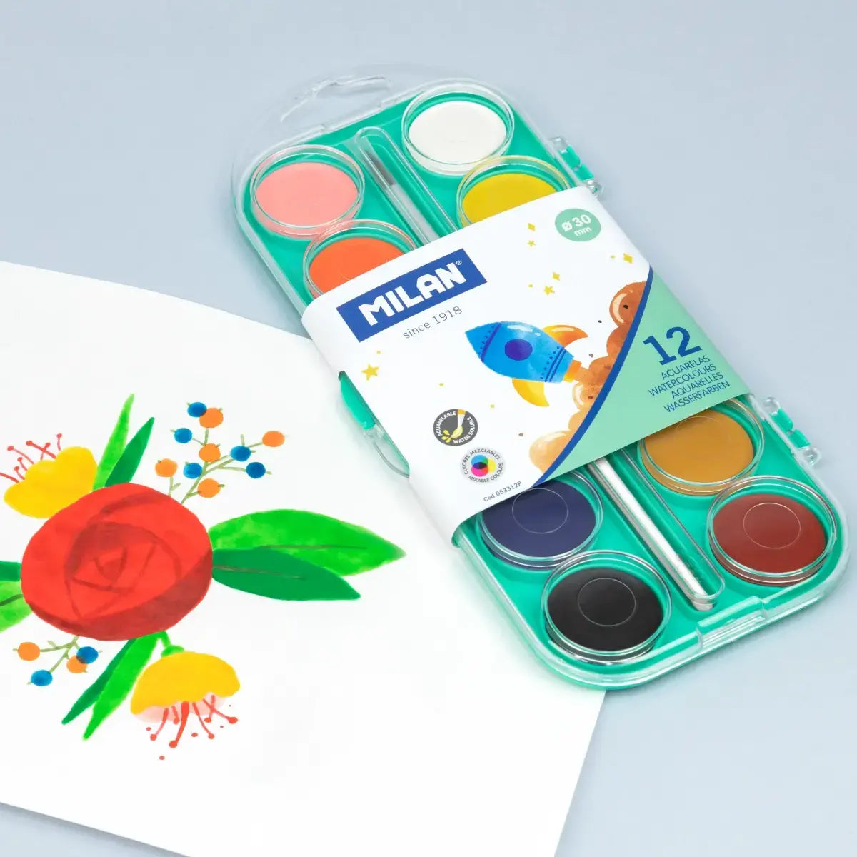 Milan 12 Opaque Colours Watercolour Tablets With Brush
