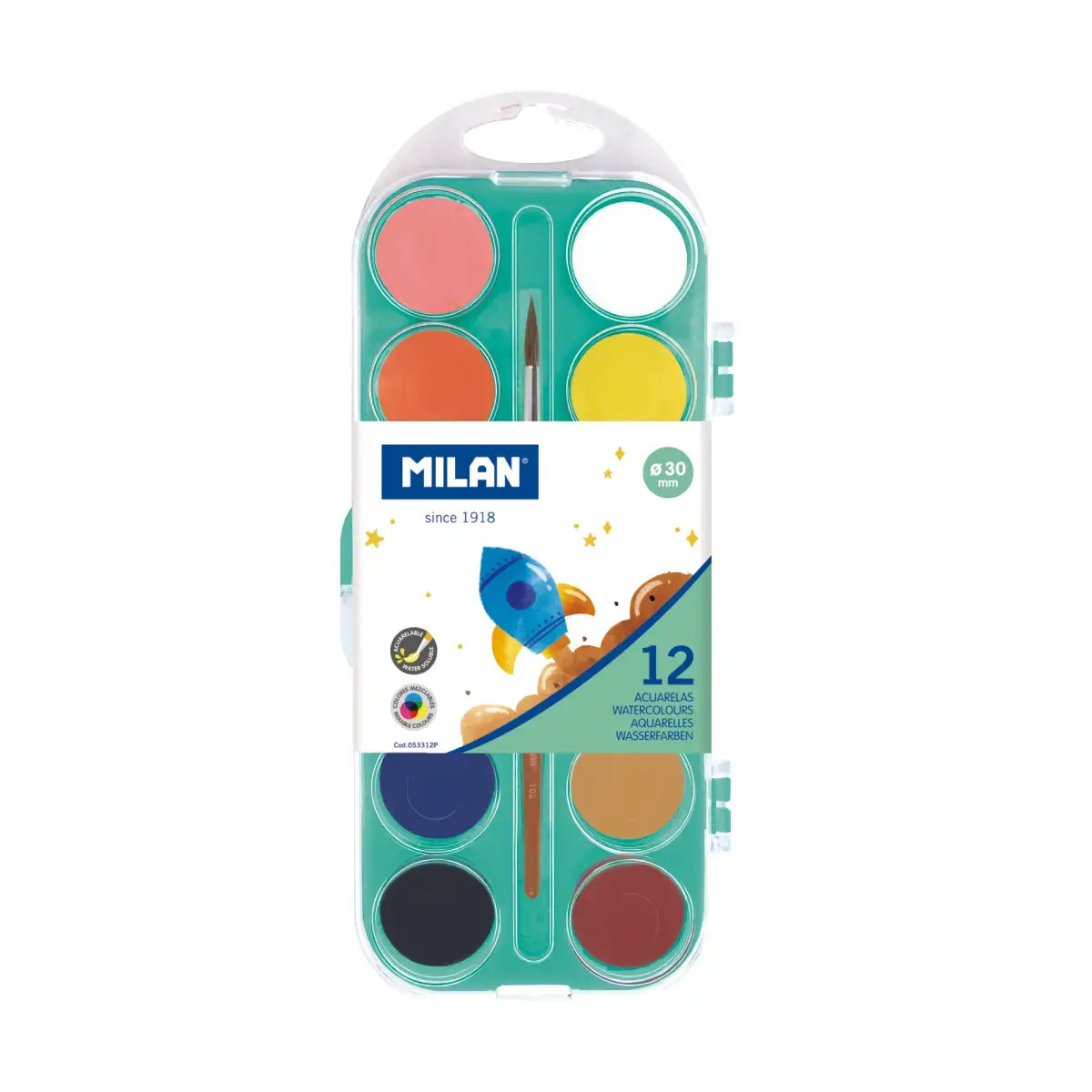Milan 12 Opaque Colours Watercolour Tablets With Brush
