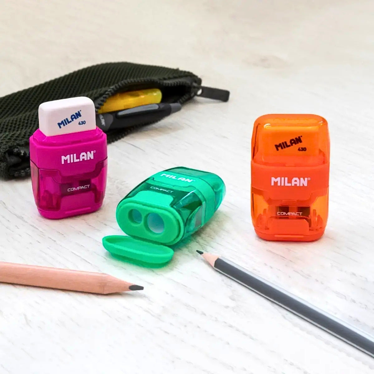 Milan Compact Pencil Sharpener + 2 Erasers Set